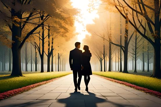 A couple standing side by side, embracing change and personal growth within their relationship. They face forward with open arms, symbolizing their willingness to step into the future together, while surrounded by symbols of growth and transformation.