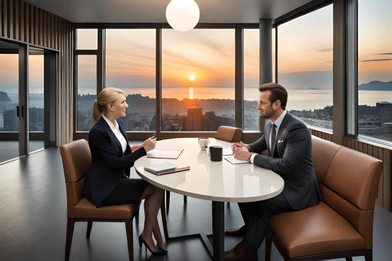 A couple sitting at a table engaged in a calm and constructive discussion. They exchange ideas and seek common ground, using a notepad and pen. The image symbolizes the process of resolving conflict through respectful dialogue, compromise, and the pursuit of mutual understanding.