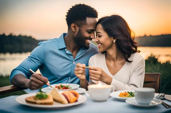 A couple engaged in a meaningful activity, demonstrating their commitment to prioritize their marriage. They are depicted holding hands, savoring a romantic dinner, and enjoying each other's company, radiating love and happiness.