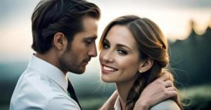 A man leaning towards a woman's ear, softly speaking words of love.