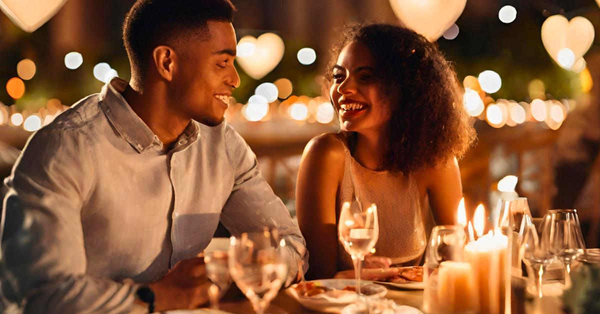 The image depicts a romantic dinner setting with a couple seated at a table adorned with candles and heart-shaped decorations.