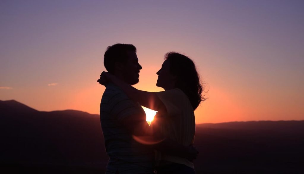 Silhouettes of a man and woman against a vibrant sunset backdrop.