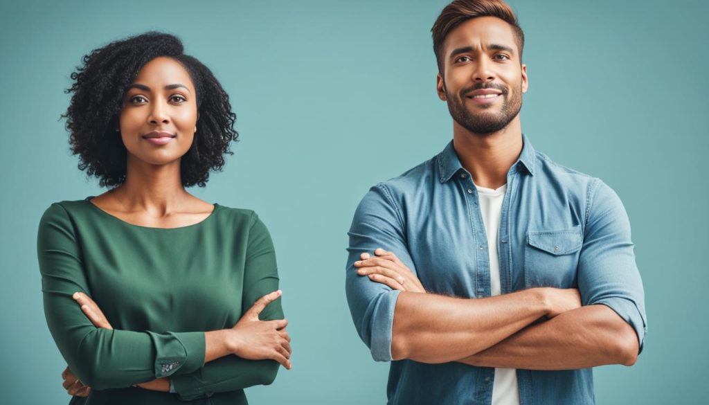 Two people standing confidently, arms crossed, showing determination and unity.
