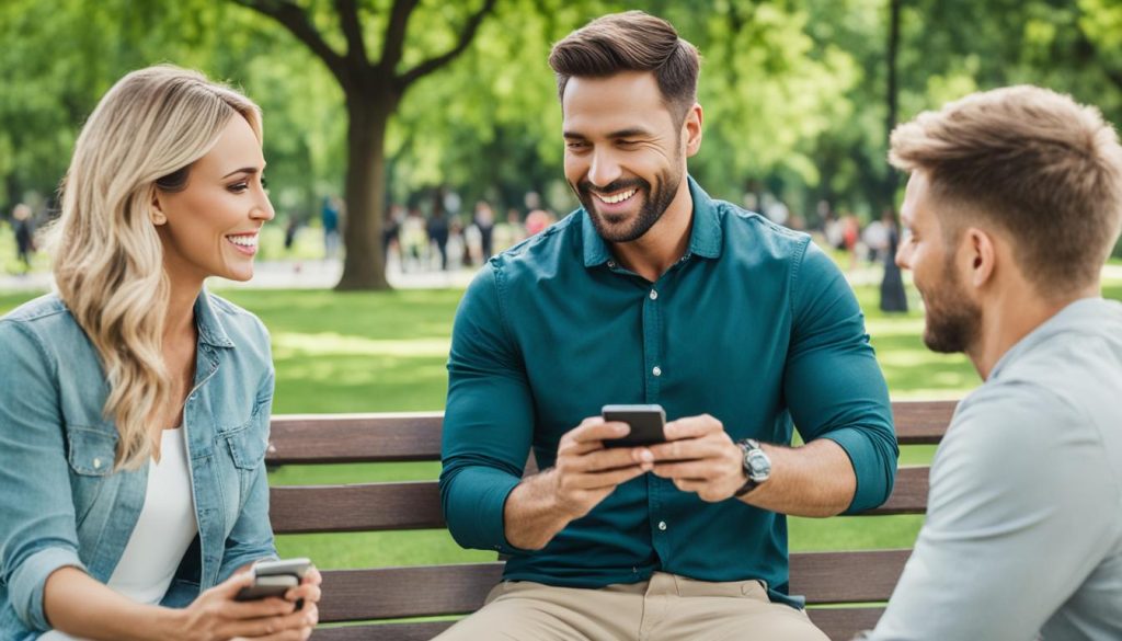 Three friends sitting on a bench, engrossed in their phones. Enjoying a moment together, but lost in their virtual worlds.