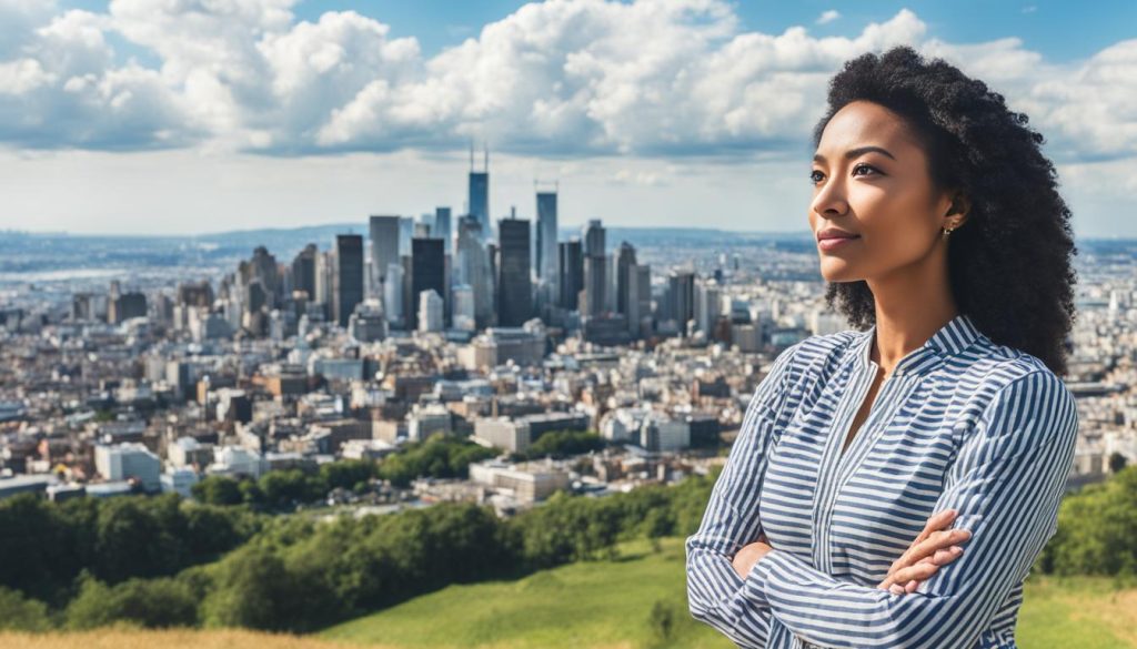 A stunning view of a cityscape with an African American woman standing proudly on a hill.