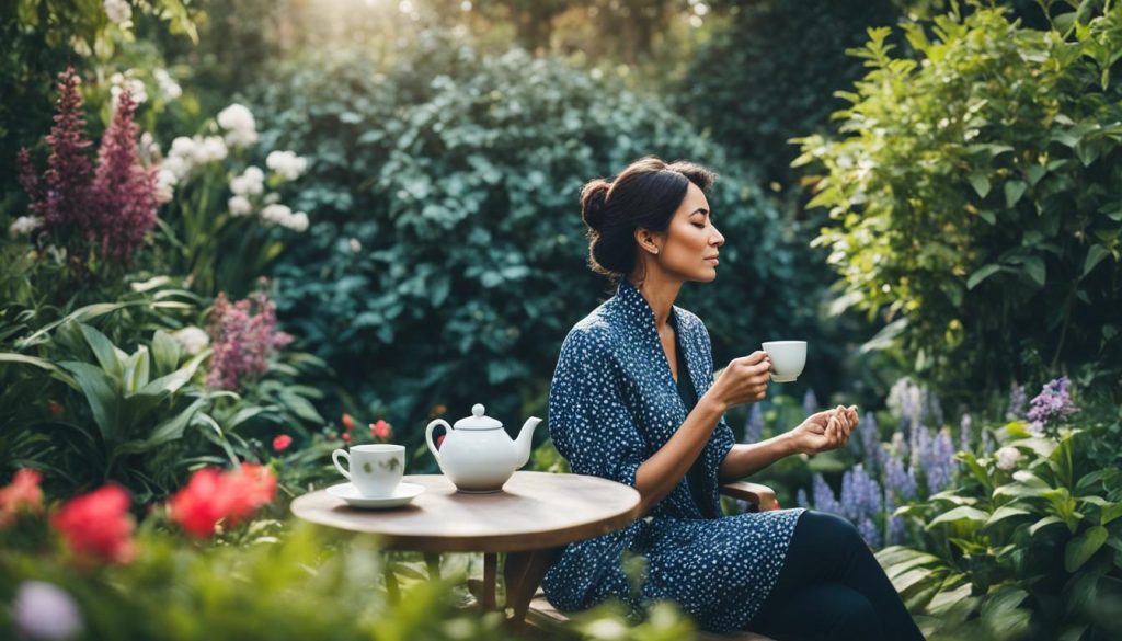 A woman enjoying a peaceful moment in a garden, sipping on a cup of tea and embracing nature's beauty.